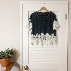 European Floral Appliqué Navy Top